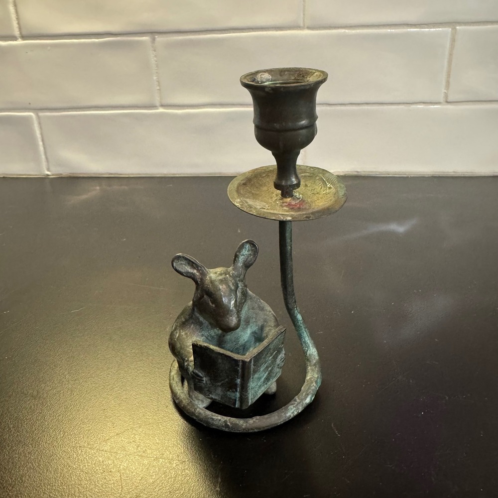 S.P.I. Mouse Reading Book Candle Holder Green Bronze Verdigris 1991 Vintage Cc-2